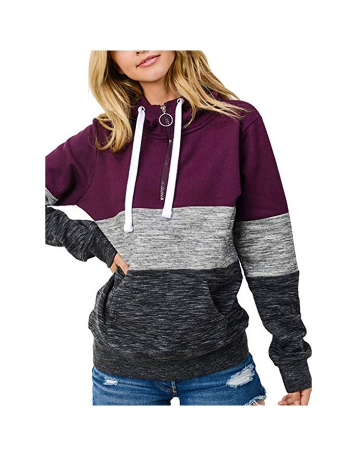 Fall Winter New Women Stitching Color Zipper Casual Hoodies