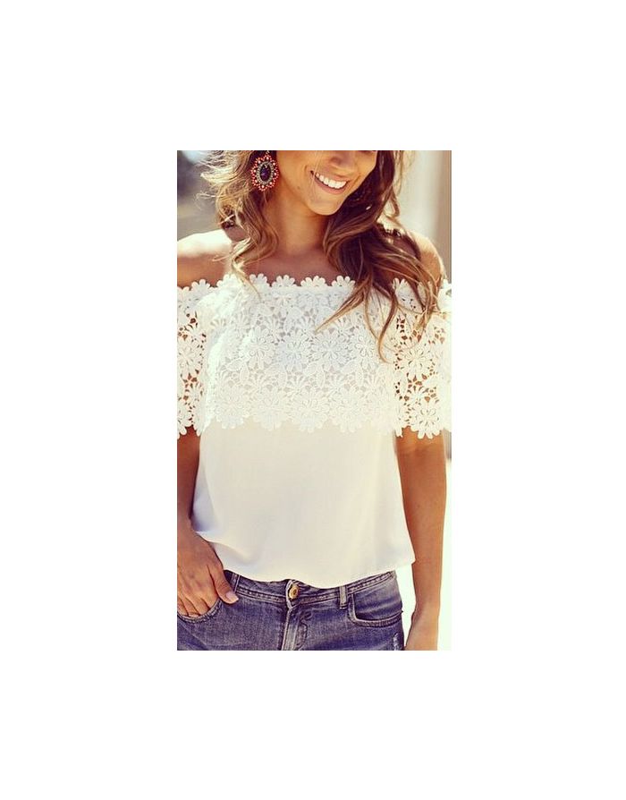 Fashion White Lace Stitching Chiffon Short Sleeve Off Shoulder T-shirt